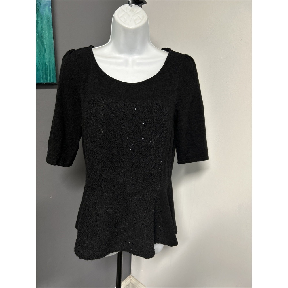 Deletta Women's Medium Black‎ Sequin Top Keyhole Peplum Short Sleeve Coquette